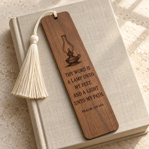 AI-generated design concept: A lamp unto my feet · walnut bookmark