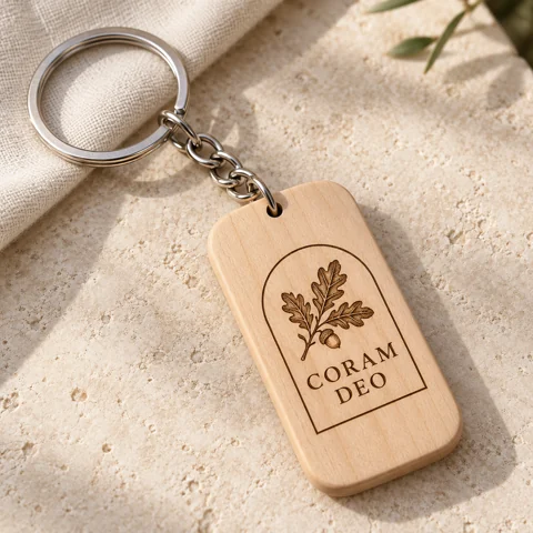 AI-generated design concept: Coram Deo · maple keychain