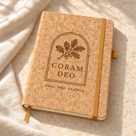 AI-generated design concept: Coram Deo · cork notebook