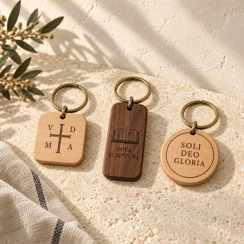 AI-generated design concept: Reformation motto keychains