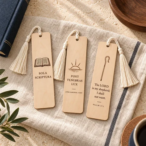 AI-generated design concept: Scripture & Reformation bookmarks