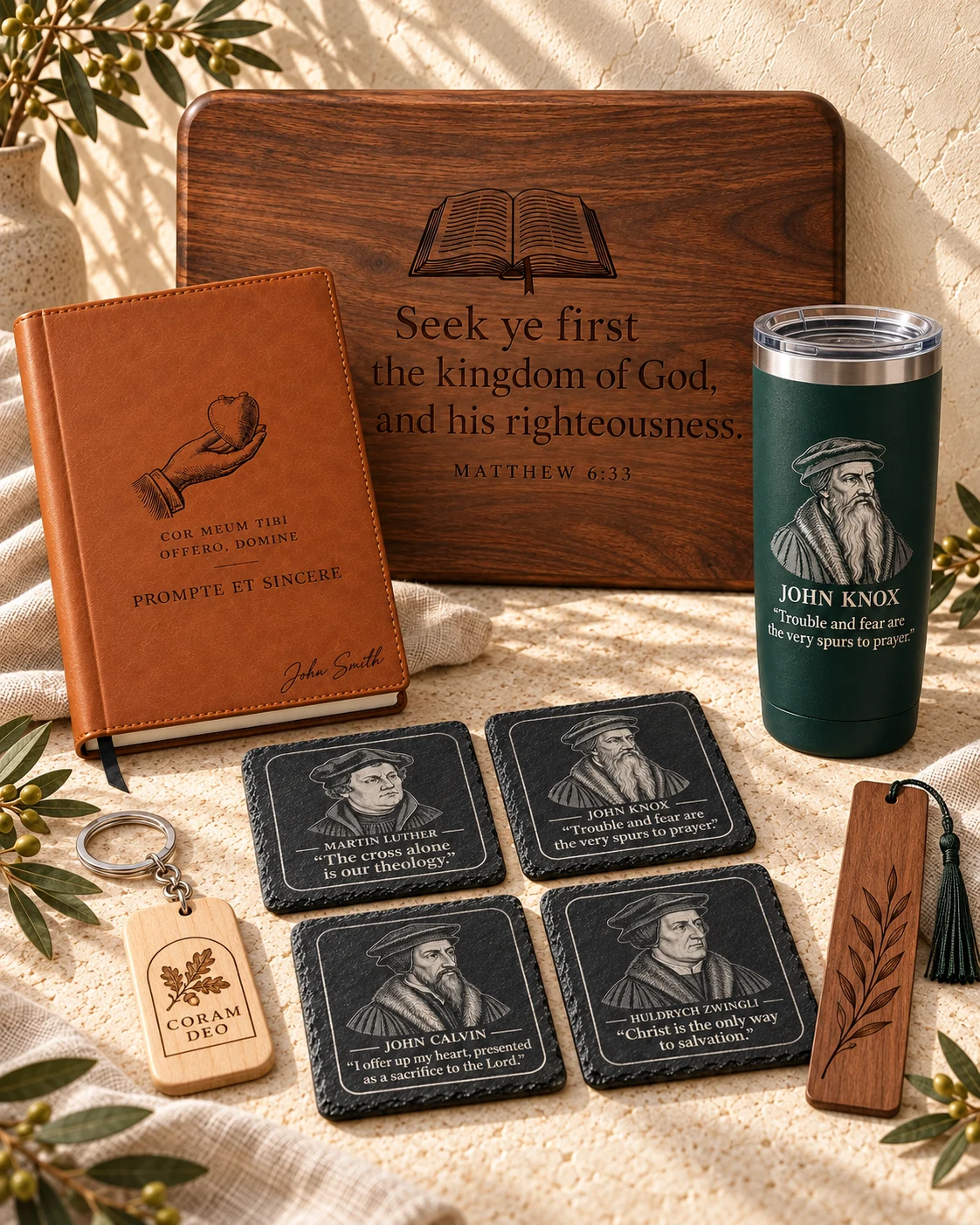 Walnut Scripture board, brown Calvin journal, green Knox tumbler, four slate Reformer coasters, maple keychain and wooden bookmark together