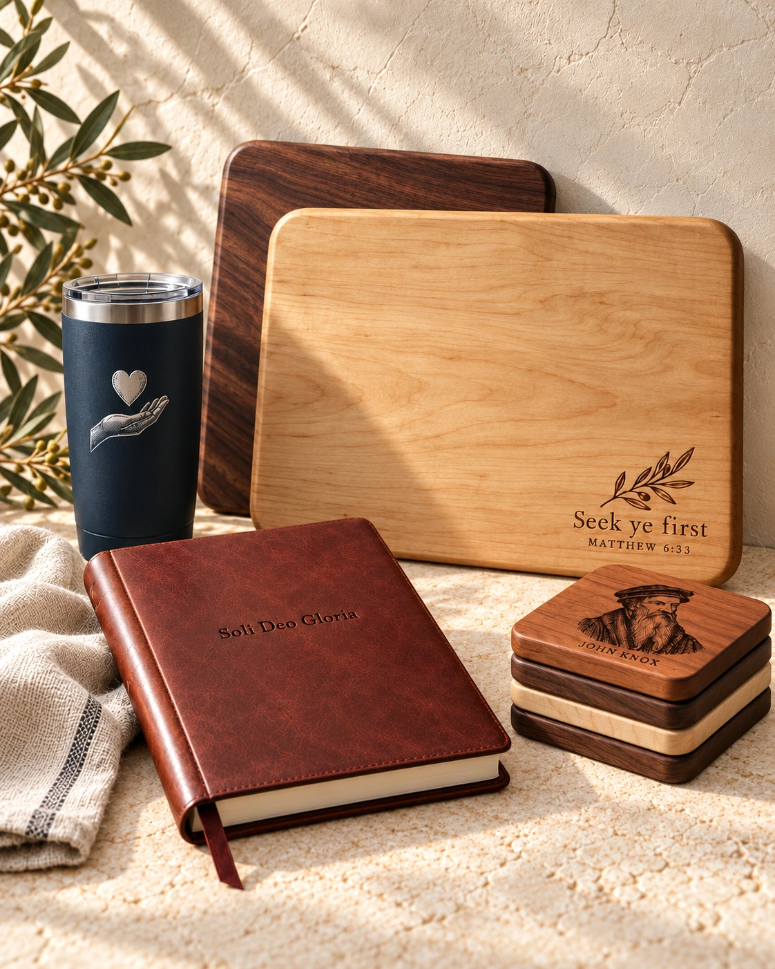 Engraved maple and dark walnut boards, an oxblood Soli Deo Gloria journal, navy offering-heart tumbler and four contrasting wood John Knox coasters