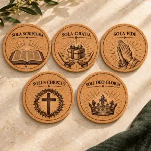 Five round cork coasters with the Five Solas: an open Bible, a gift in hands, praying hands, a cross with thorns, and a radiant crown.