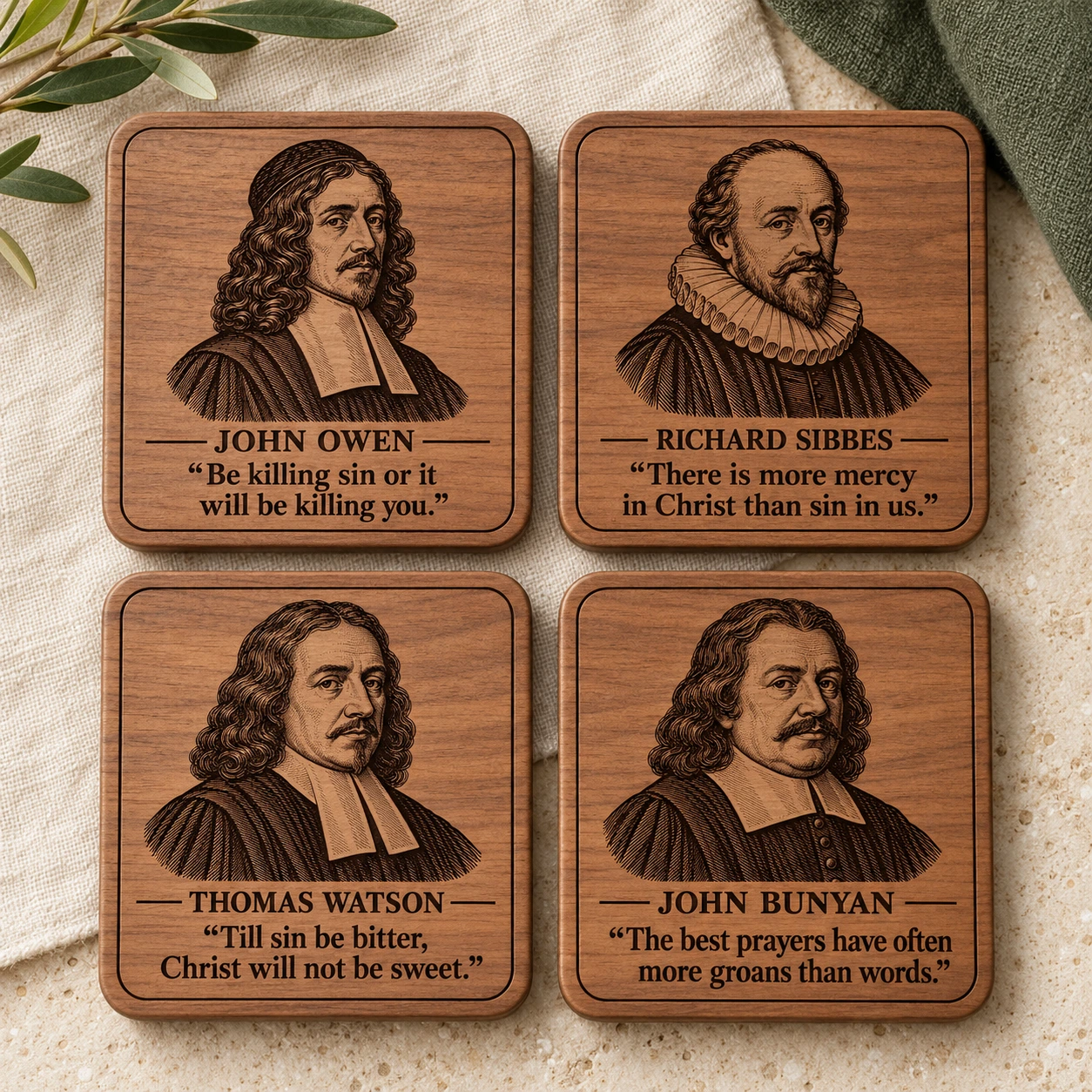Puritan set · walnut — four different portraits: John Owen, Richard Sibbes, Thomas Watson, John Bunyan.