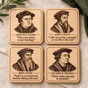 Reformer set · maple — four different portraits: Martin Luther, John Calvin, John Knox, Huldrych Zwingli.